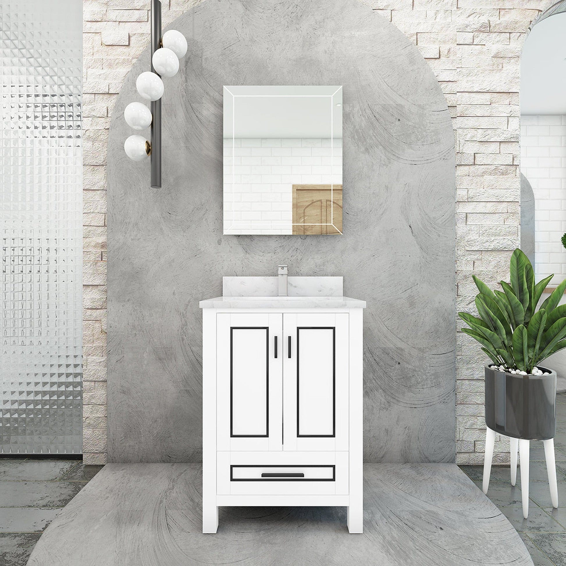 Duko Venice 24" Wooden Vanity Set With White Cararra Marble Tabletop, Rectangular Single Basin and Drawer Cabinet White