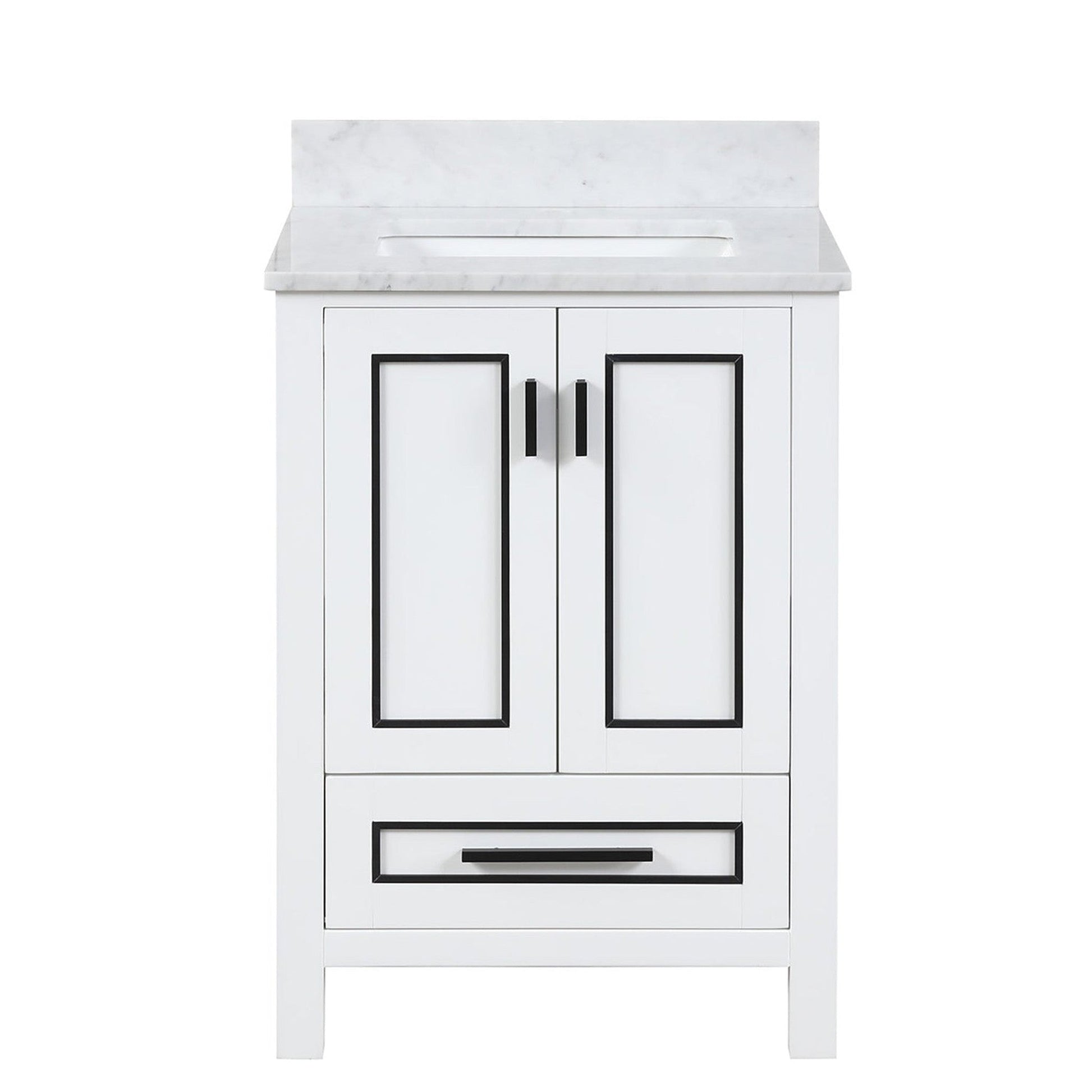 Duko Venice 24" Wooden Vanity Set With White Cararra Marble Tabletop, Rectangular Single Basin and Drawer Cabinet White