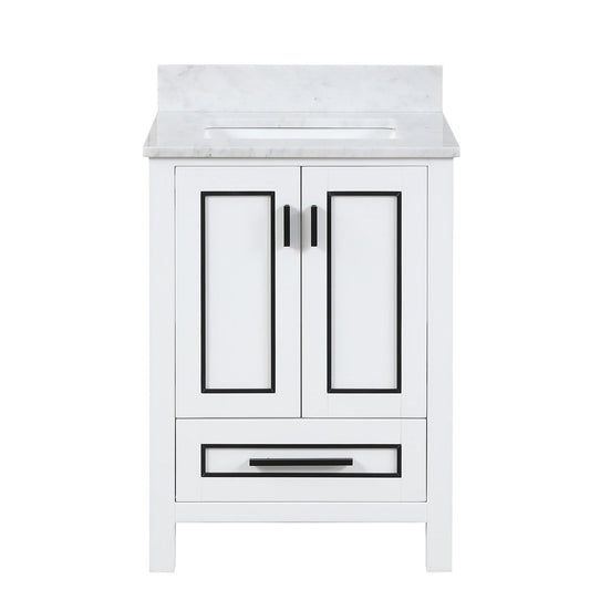Duko Venice 24" With White Cararra Marble Tabletop, Rectangular Single Basin and Drawer Cabinet White Wooden Vanity Set
