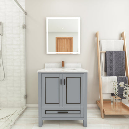 Duko Venice 30" Wooden Vanity Set With White Cararra Marble Tabletop, Rectangular Single Basin and Drawer Cabinet Gray