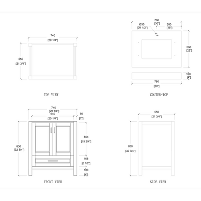 Duko Venice 30" Wooden Vanity Set With White Cararra Marble Tabletop, Rectangular Single Basin and Drawer Cabinet Gray