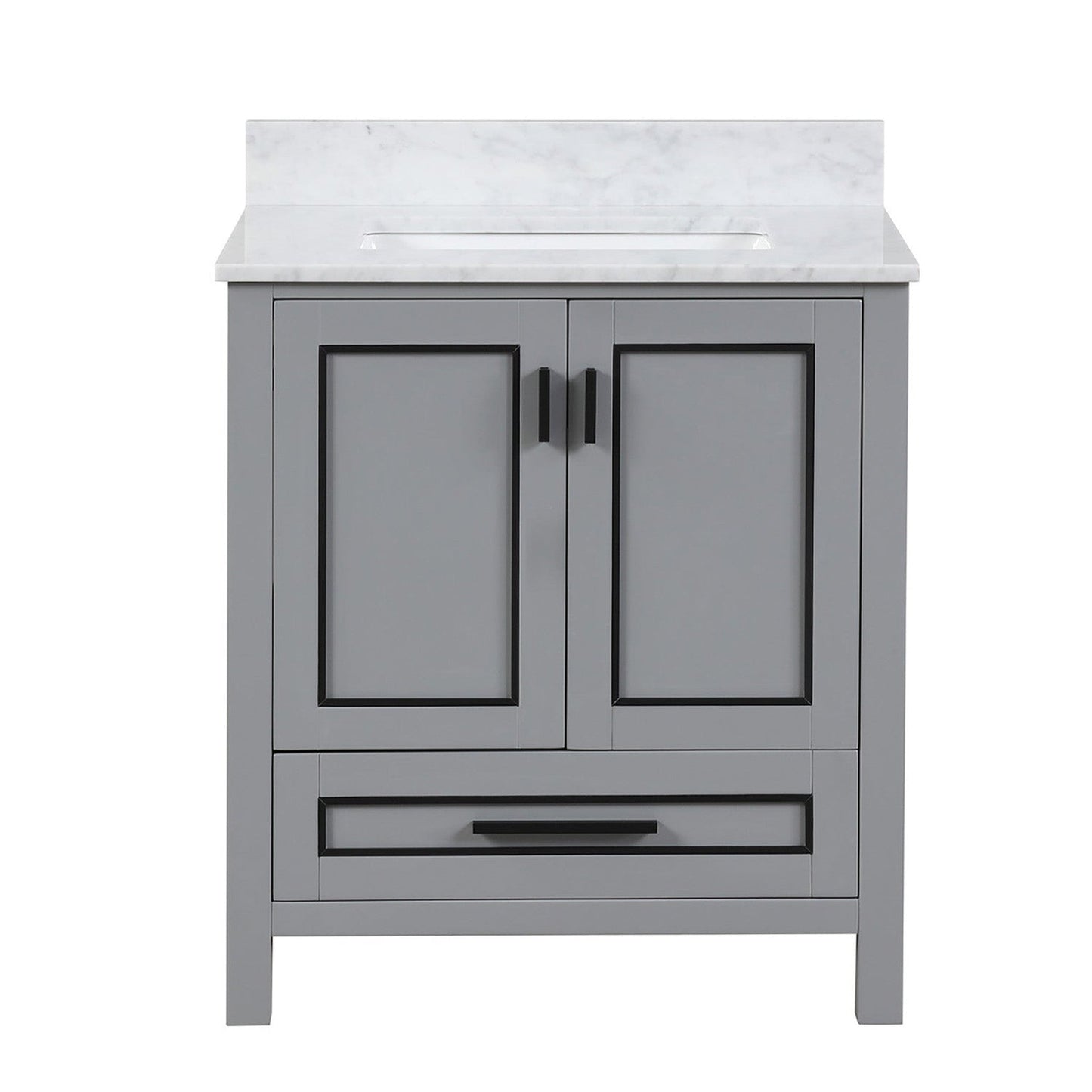 Duko Venice 30" Wooden Vanity Set With White Cararra Marble Tabletop, Rectangular Single Basin and Drawer Cabinet Gray