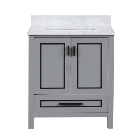 Duko Venice 30" With White Cararra Marble Tabletop, Rectangular Single Basin and Drawer Cabinet Gray Wooden Vanity Set