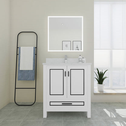 Duko Venice 30" Wooden Vanity Set With White Cararra Marble Tabletop, Rectangular Single Basin and Drawer Cabinet White