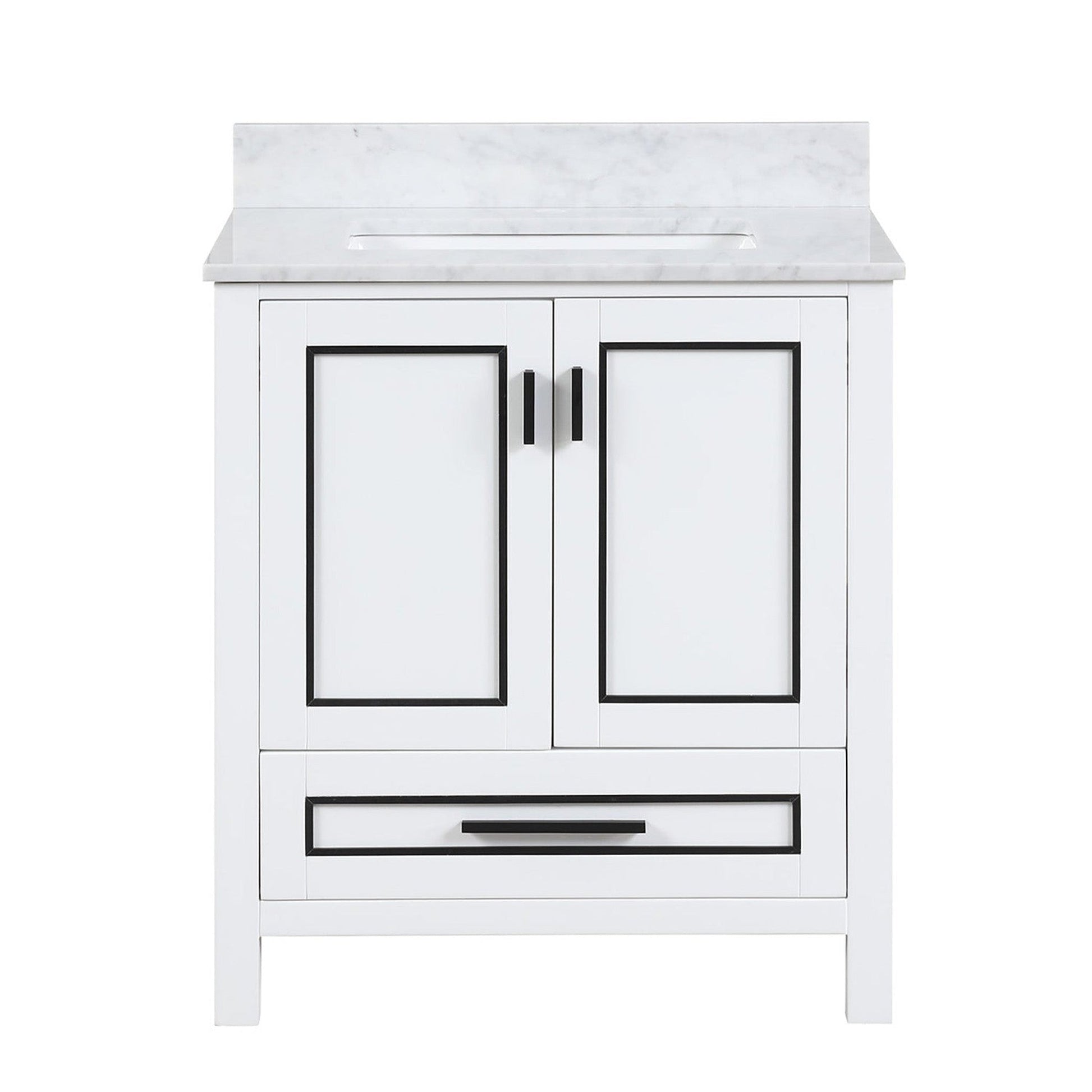 Duko Venice 30" Wooden Vanity Set With White Cararra Marble Tabletop, Rectangular Single Basin and Drawer Cabinet White