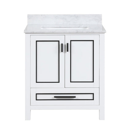 Duko Venice 30" Wooden Vanity Set With White Cararra Marble Tabletop, Rectangular Single Basin and Drawer Cabinet White