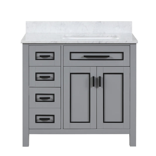 Duko Venice 36" With White Cararra Marble Tabletop, Rectangular Single Basin and Drawer Cabinet Gray Wooden Vanity Set