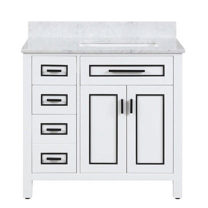 Duko Venice 36" With White Cararra Marble Tabletop, Rectangular Single Basin and Drawer Cabinet White Wooden Vanity Set