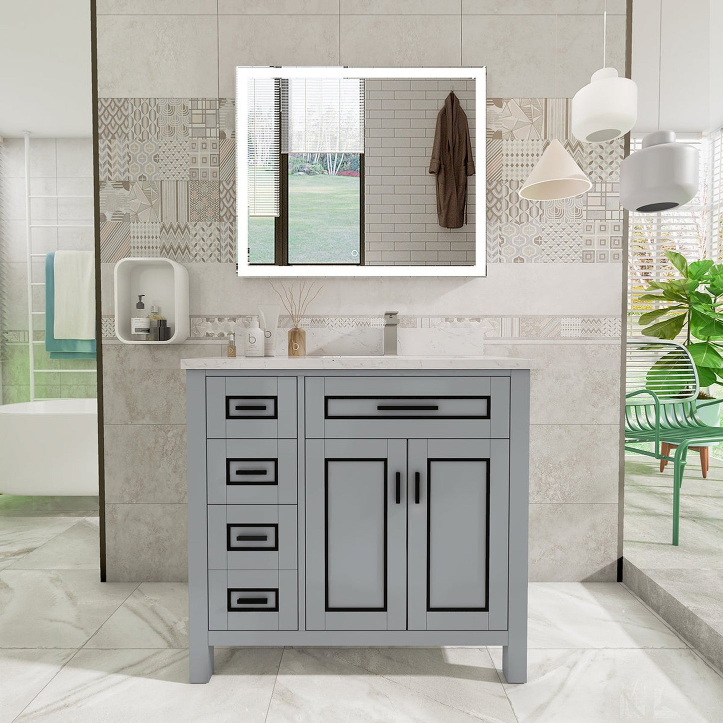 Duko Venice 36" With White Cararra Marble Tabletop, Rectangular Single Basin and Drawer Cabinet Gray Wooden Vanity Set