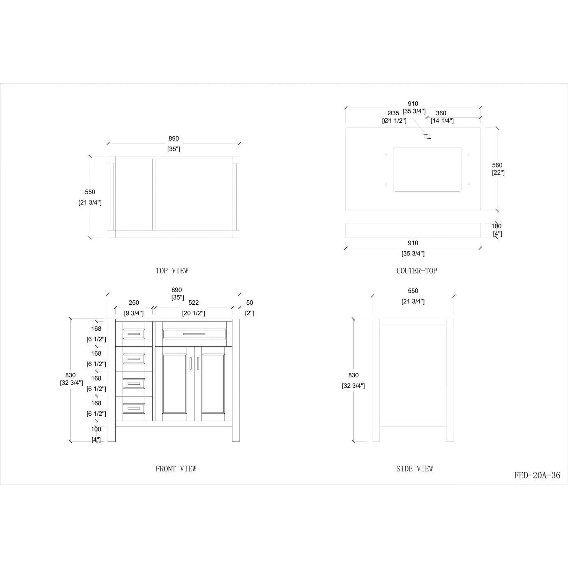 Duko Venice 36" With White Cararra Marble Tabletop, Rectangular Single Basin and Drawer Cabinet Gray Wooden Vanity Set