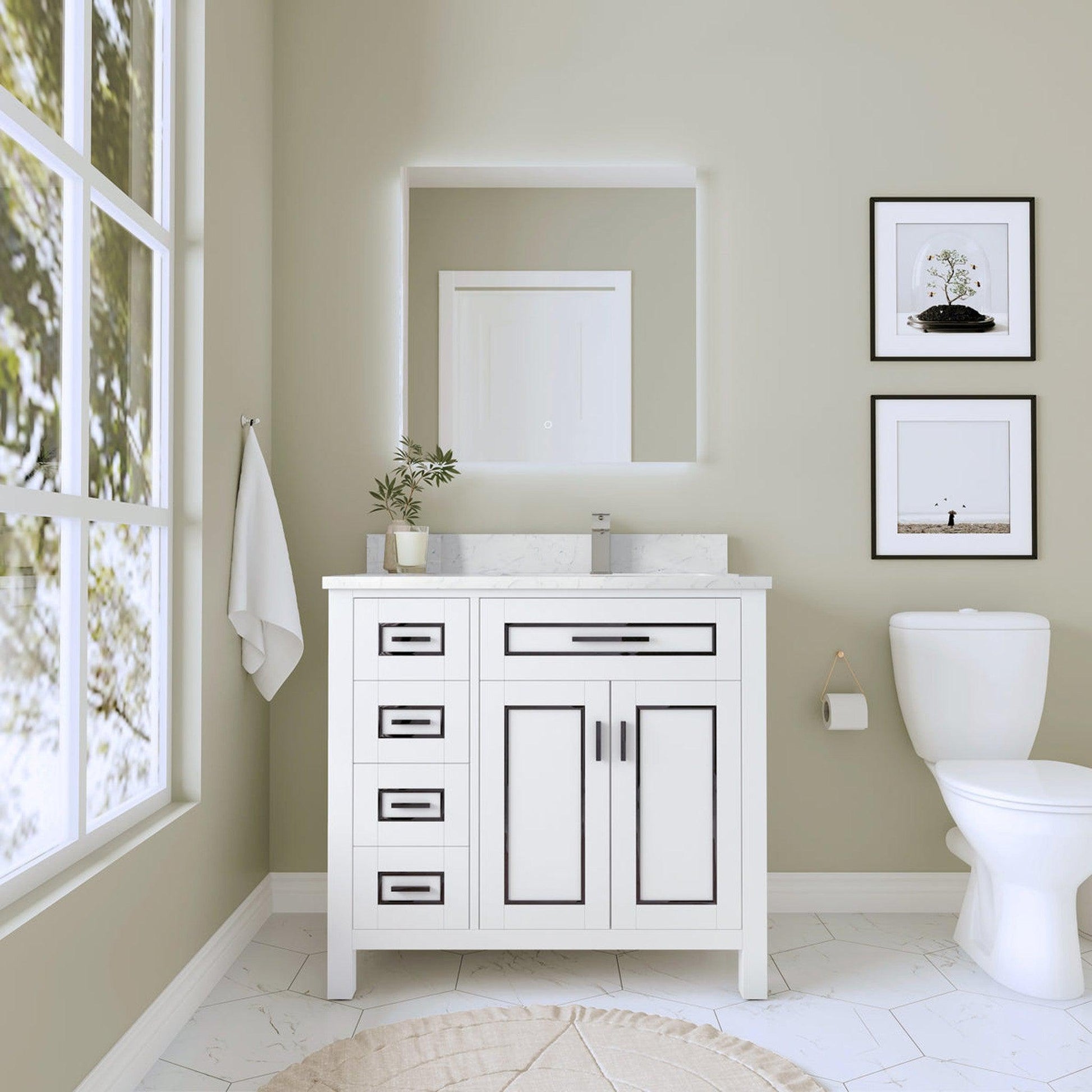 Duko Venice 36" Wooden Vanity Set With White Cararra Marble Tabletop, Rectangular Single Basin and Drawer Cabinet White