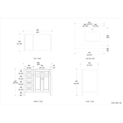 Duko Venice 36" Wooden Vanity Set With White Cararra Marble Tabletop, Rectangular Single Basin and Drawer Cabinet White