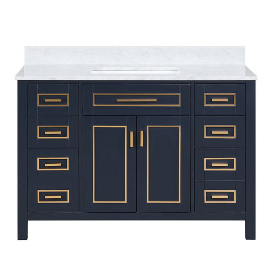 Duko Venice 48" With White Cararra Marble Tabletop, Rectangular Single Basin and Drawer Cabinet Blue Wooden Vanity Set