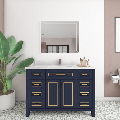 Duko Venice 48" Wooden Vanity Set With White Cararra Marble Tabletop, Rectangular Single Basin and Drawer Cabinet Blue