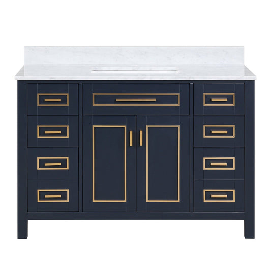 Duko Venice 48" With White Cararra Marble Tabletop, Rectangular Single Basin and Drawer Cabinet Blue Wooden Vanity Set