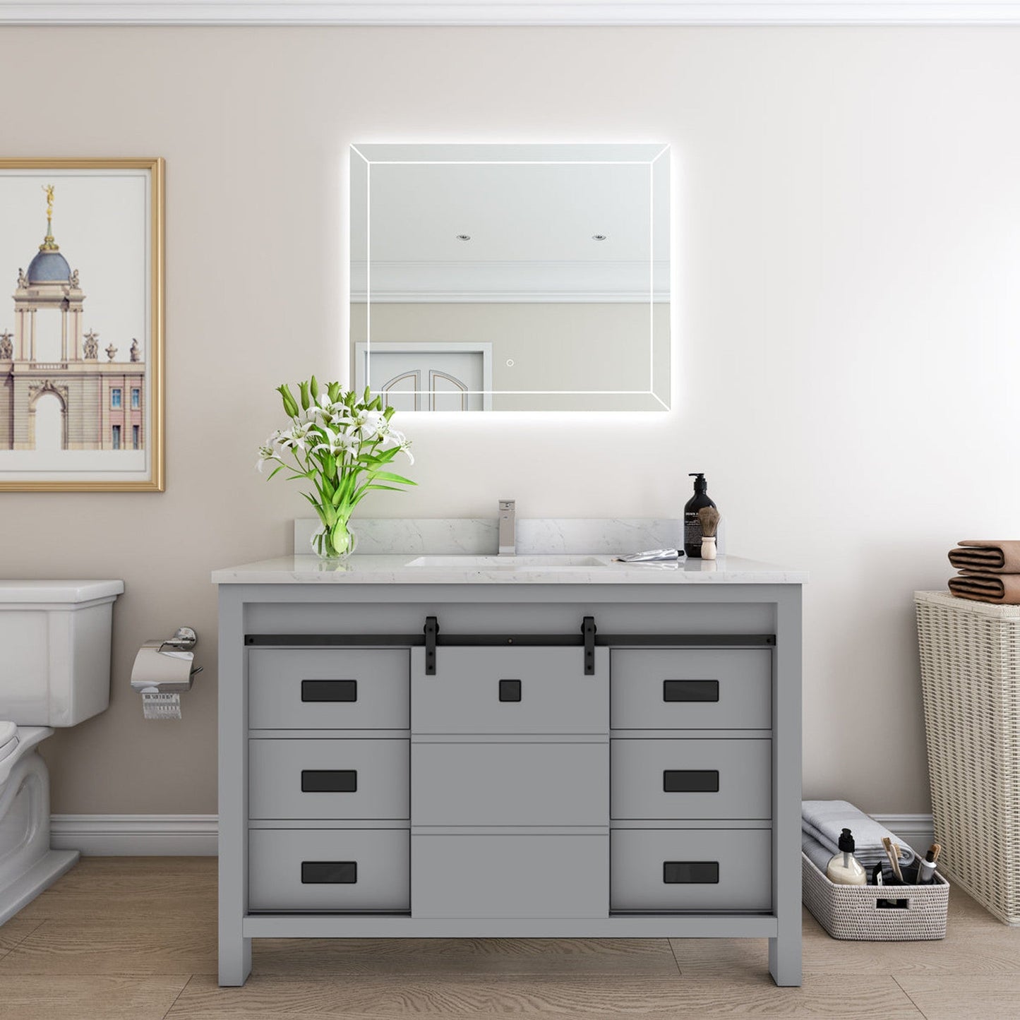 Duko Venice 48" With White Cararra Marble Tabletop, Rectangular Single Basin and Drawer Cabinet Gray Wooden Vanity Set