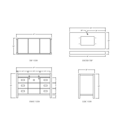 Duko Venice 48" With White Cararra Marble Tabletop, Rectangular Single Basin and Drawer Cabinet Gray Wooden Vanity Set