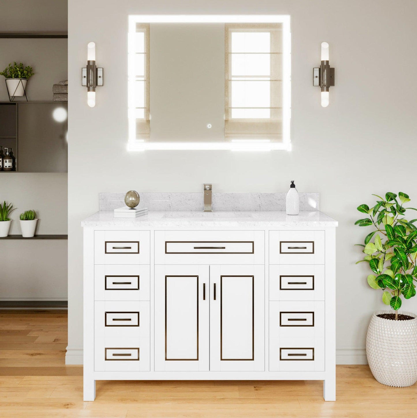 Duko Venice 48" Wooden Vanity Set With White Cararra Marble Tabletop, Rectangular Single Basin and Drawer Cabinet White