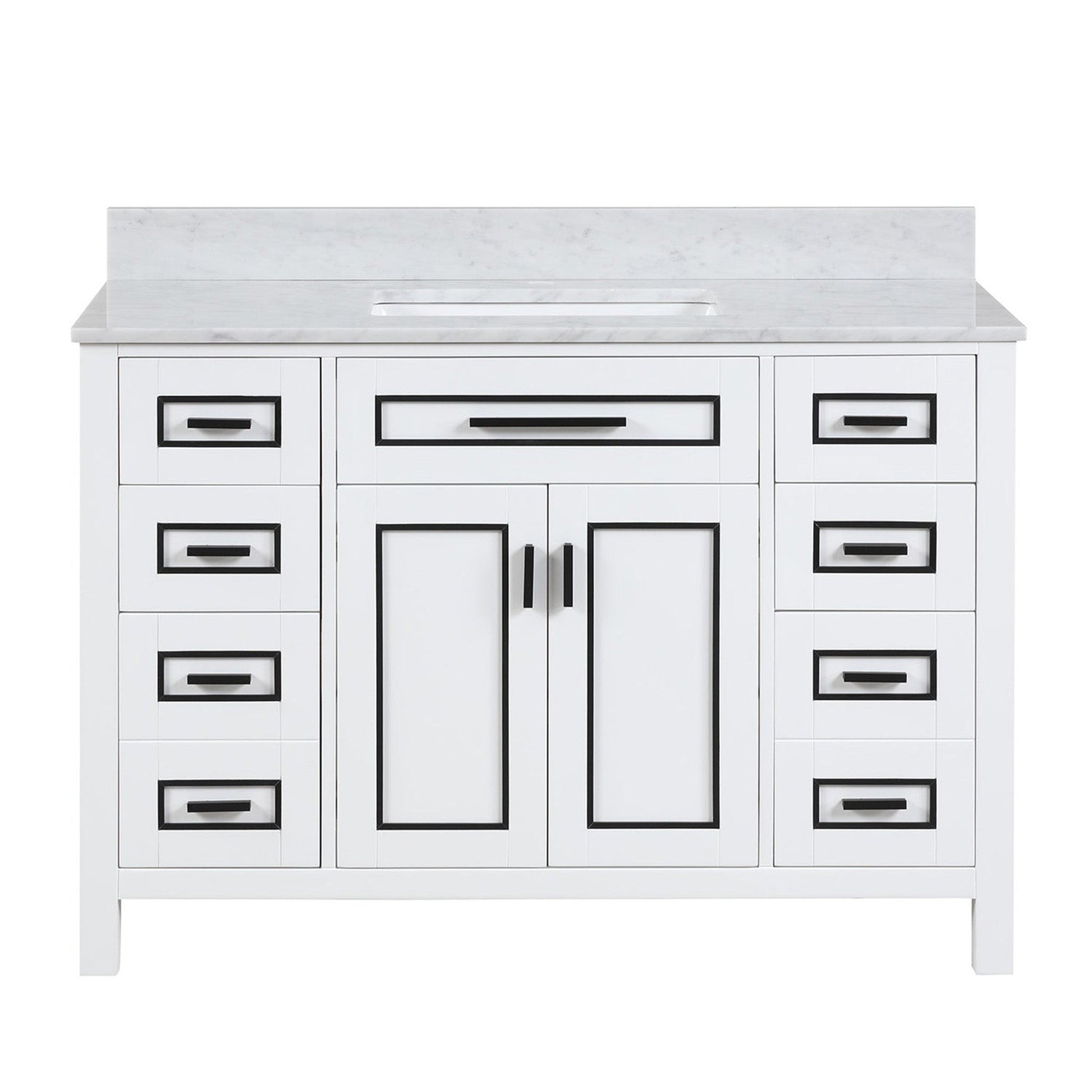 Duko Venice 48" Wooden Vanity Set With White Cararra Marble Tabletop, Rectangular Single Basin and Drawer Cabinet White