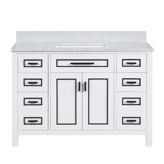 Duko Venice 48" With White Cararra Marble Tabletop, Rectangular Single Basin and Drawer Cabinet White Wooden Vanity Set