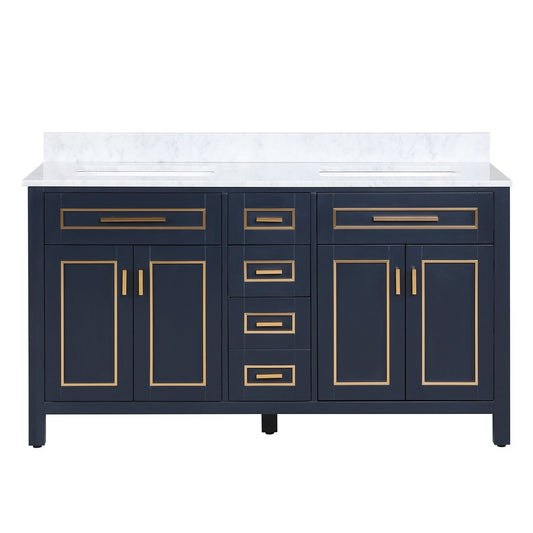 Duko Venice 60" With White Cararra Marble Tabletop, Rectangular Double Basin and Drawer Cabinet Blue Wooden Vanity Set