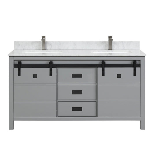 Duko Venice 60" With White Cararra Marble Tabletop, Rectangular Double Basin and Drawer Cabinet Gray Wooden Vanity Set