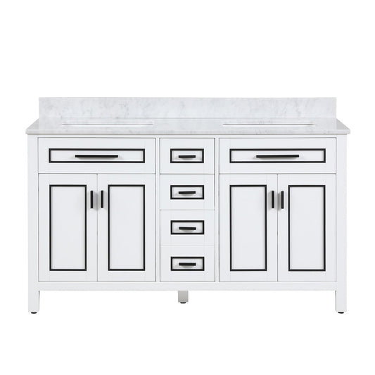 Duko Venice 60" With White Cararra Marble Tabletop, Rectangular Double Basin and Drawer Cabinet White Wooden Vanity Set