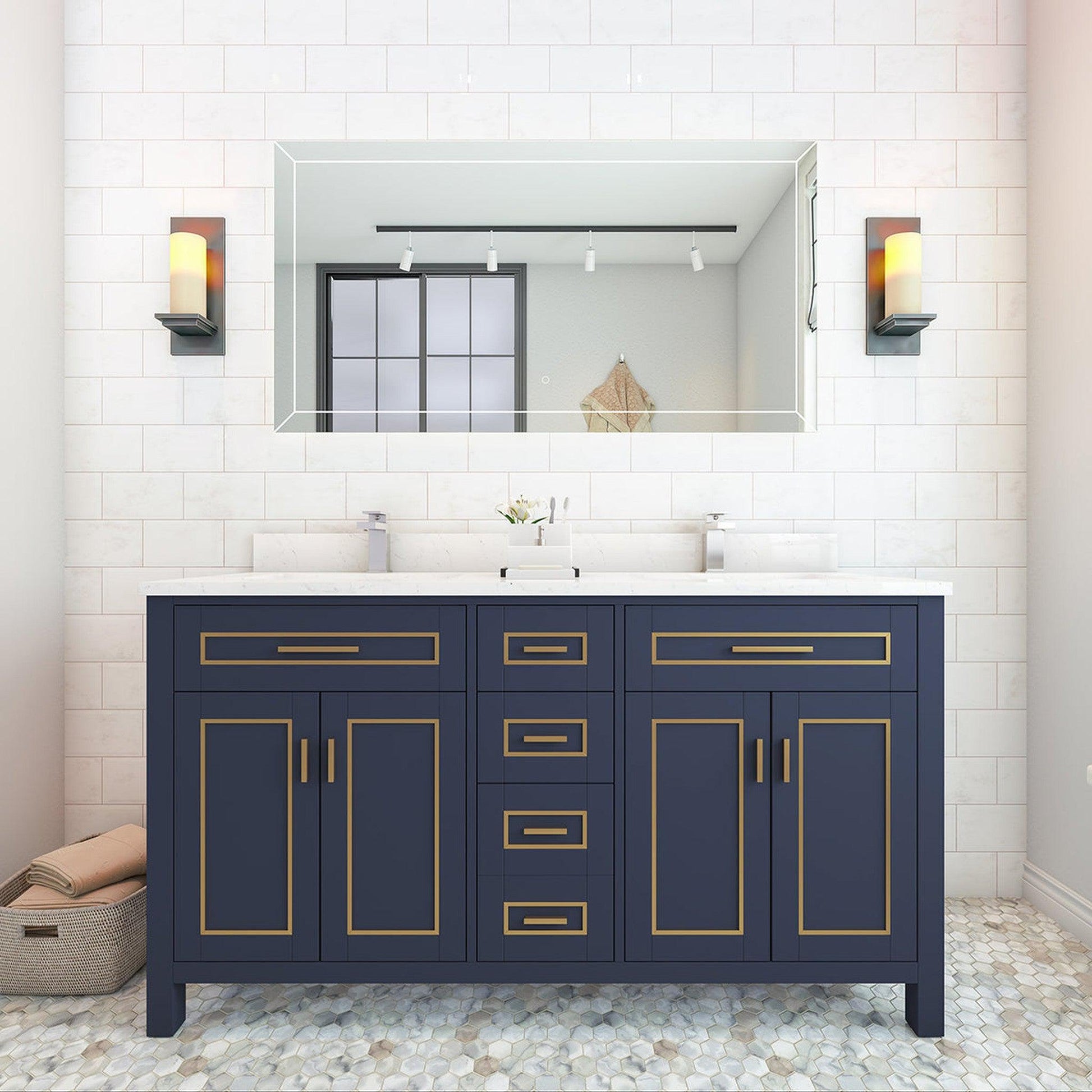 Duko Venice 60" With White Cararra Marble Tabletop, Rectangular Double Basin and Drawer Cabinet Blue Wooden Vanity Set