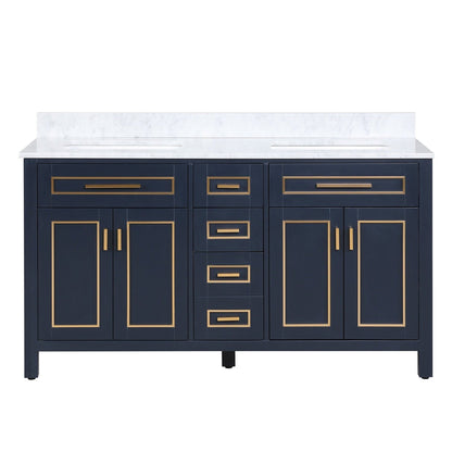 Duko Venice 60" With White Cararra Marble Tabletop, Rectangular Double Basin and Drawer Cabinet Blue Wooden Vanity Set