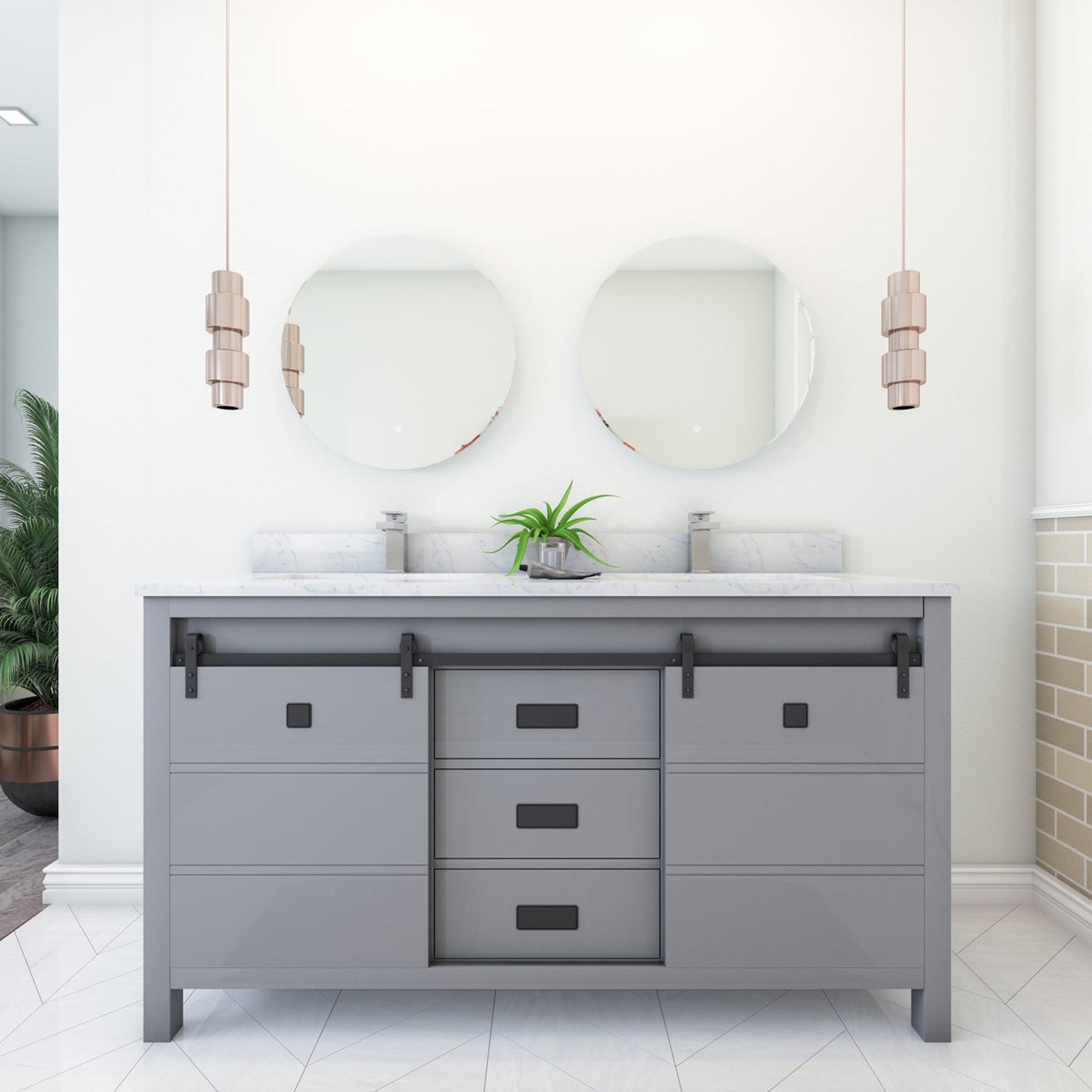 Duko Venice 60" With White Cararra Marble Tabletop, Rectangular Double Basin and Drawer Cabinet Gray Wooden Vanity Set