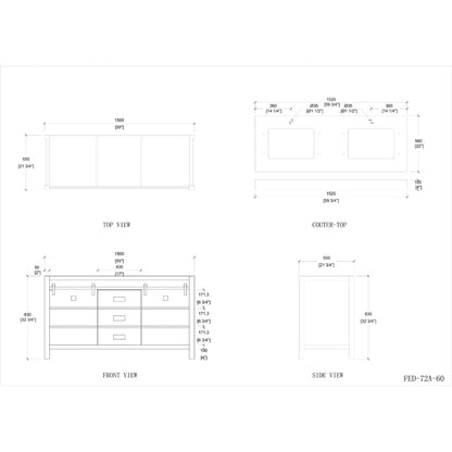 Duko Venice 60" With White Cararra Marble Tabletop, Rectangular Double Basin and Drawer Cabinet Gray Wooden Vanity Set