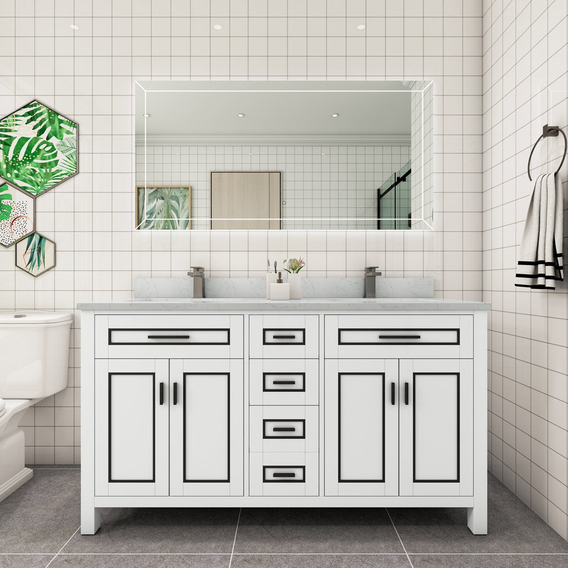 Duko Venice 60" With White Cararra Marble Tabletop, Rectangular Double Basin and Drawer Cabinet White Wooden Vanity Set