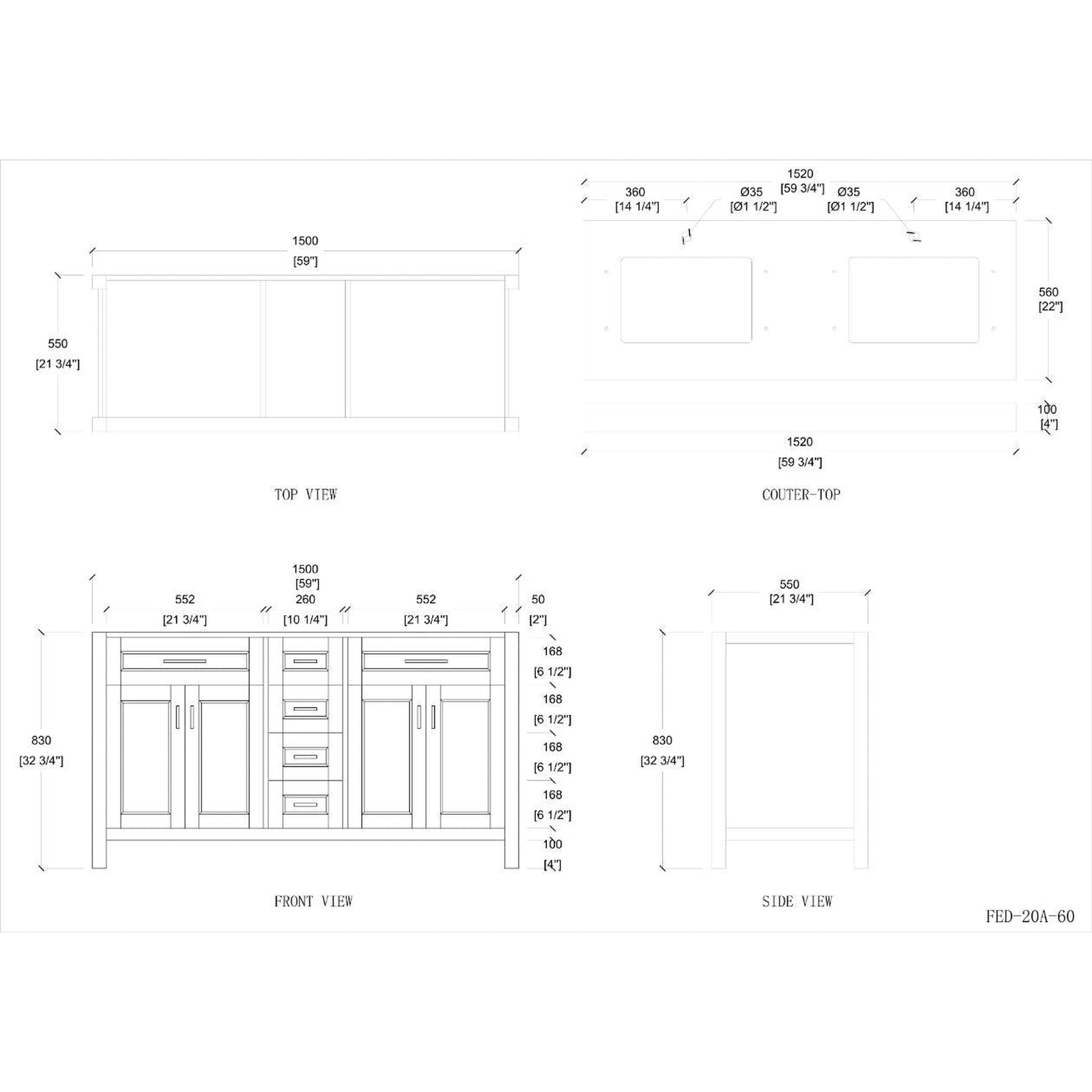 Duko Venice 60" With White Cararra Marble Tabletop, Rectangular Double Basin and Drawer Cabinet White Wooden Vanity Set