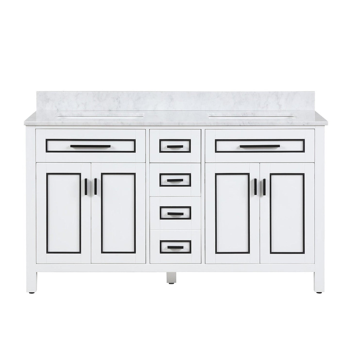 Duko Venice 60" With White Cararra Marble Tabletop, Rectangular Double Basin and Drawer Cabinet White Wooden Vanity Set