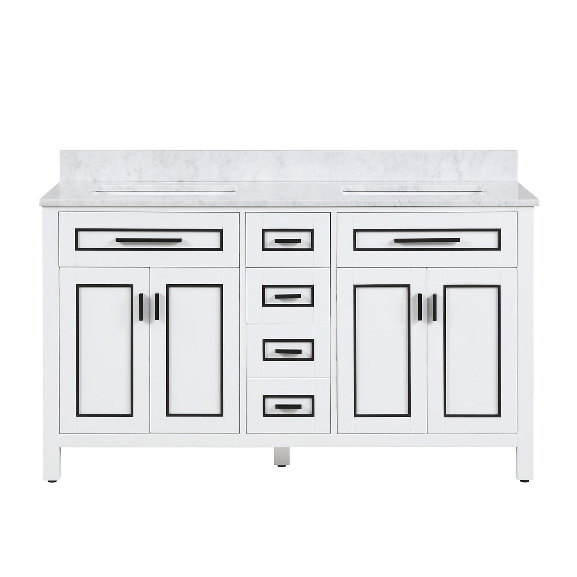 Duko Venice 60" With White Cararra Marble Tabletop, Rectangular Double Basin and Drawer Cabinet White Wooden Vanity Set