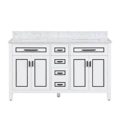 Duko Venice 60" With White Cararra Marble Tabletop, Rectangular Double Basin and Drawer Cabinet White Wooden Vanity Set