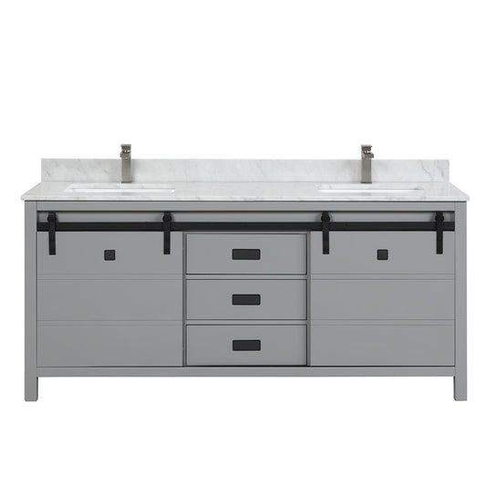 Duko Venice 72" With White Cararra Marble Tabletop, Rectangular Double Basin and Drawer Cabinet Gray Wooden Vanity Set