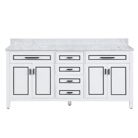 Duko Venice 72" With White Cararra Marble Tabletop, Rectangular Double Basin and Drawer Cabinet White Wooden Vanity Set