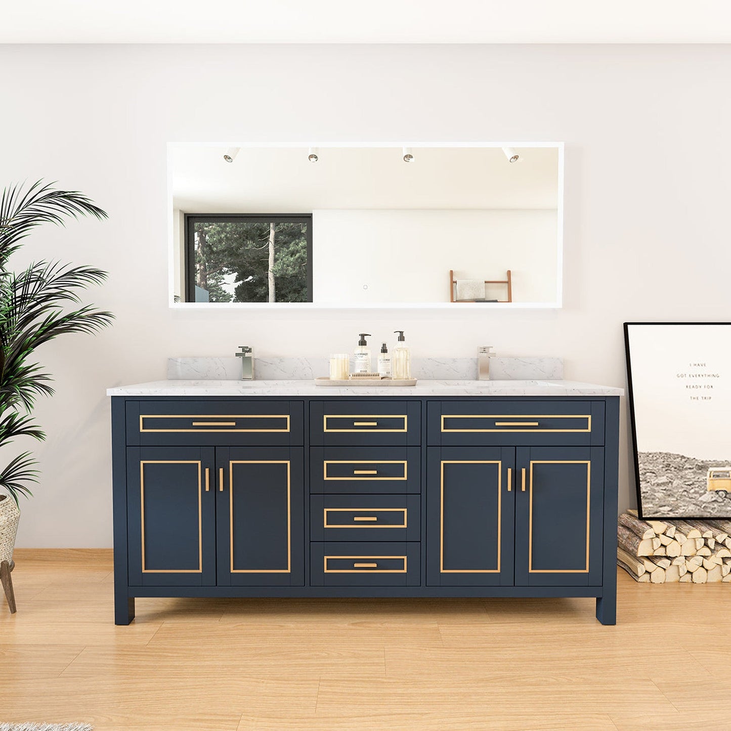 Duko Venice 72" Wooden Vanity Set With White Cararra Marble Tabletop, Rectangular Double Basin and Drawer Cabinet Blue