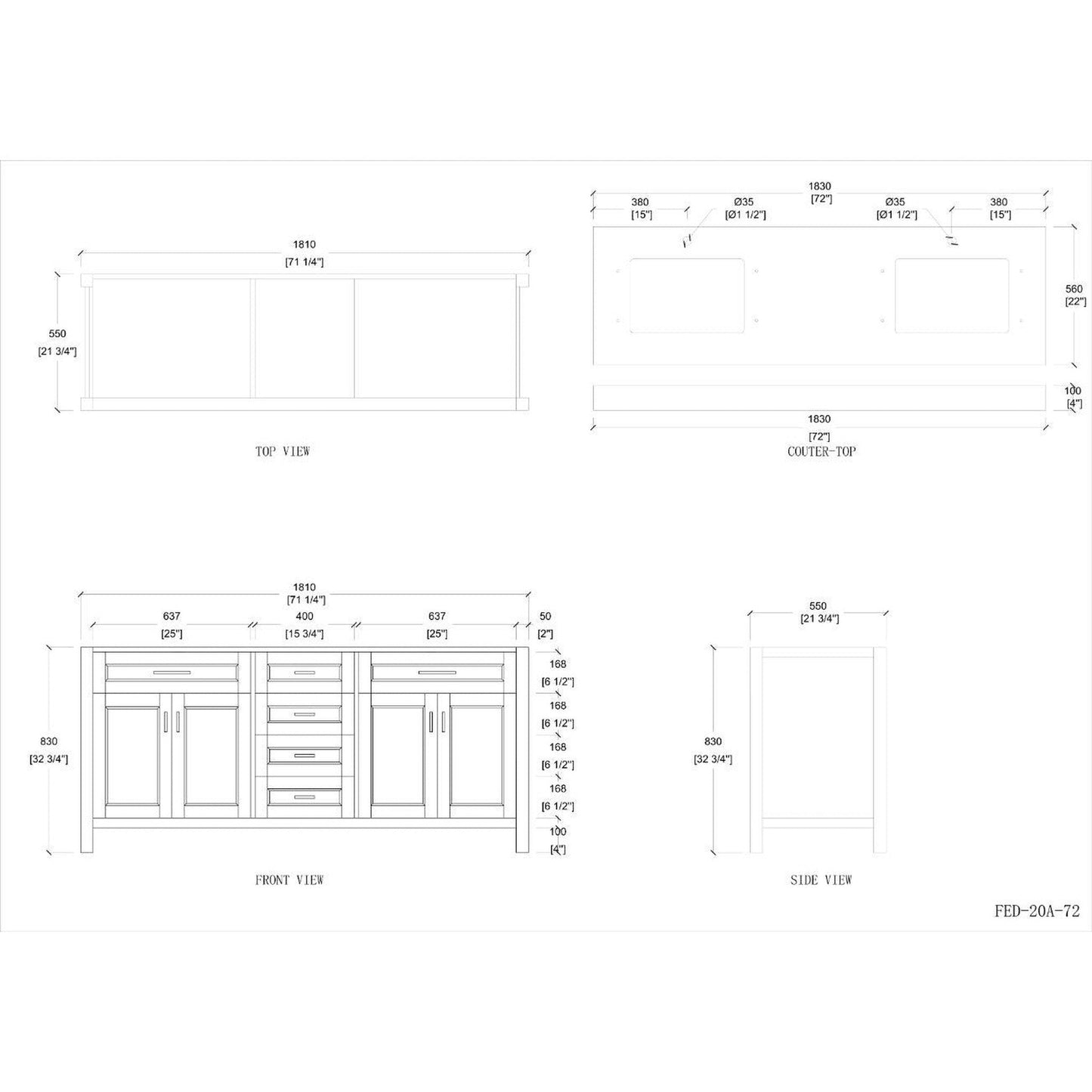 Duko Venice 72" Wooden Vanity Set With White Cararra Marble Tabletop, Rectangular Double Basin and Drawer Cabinet Blue