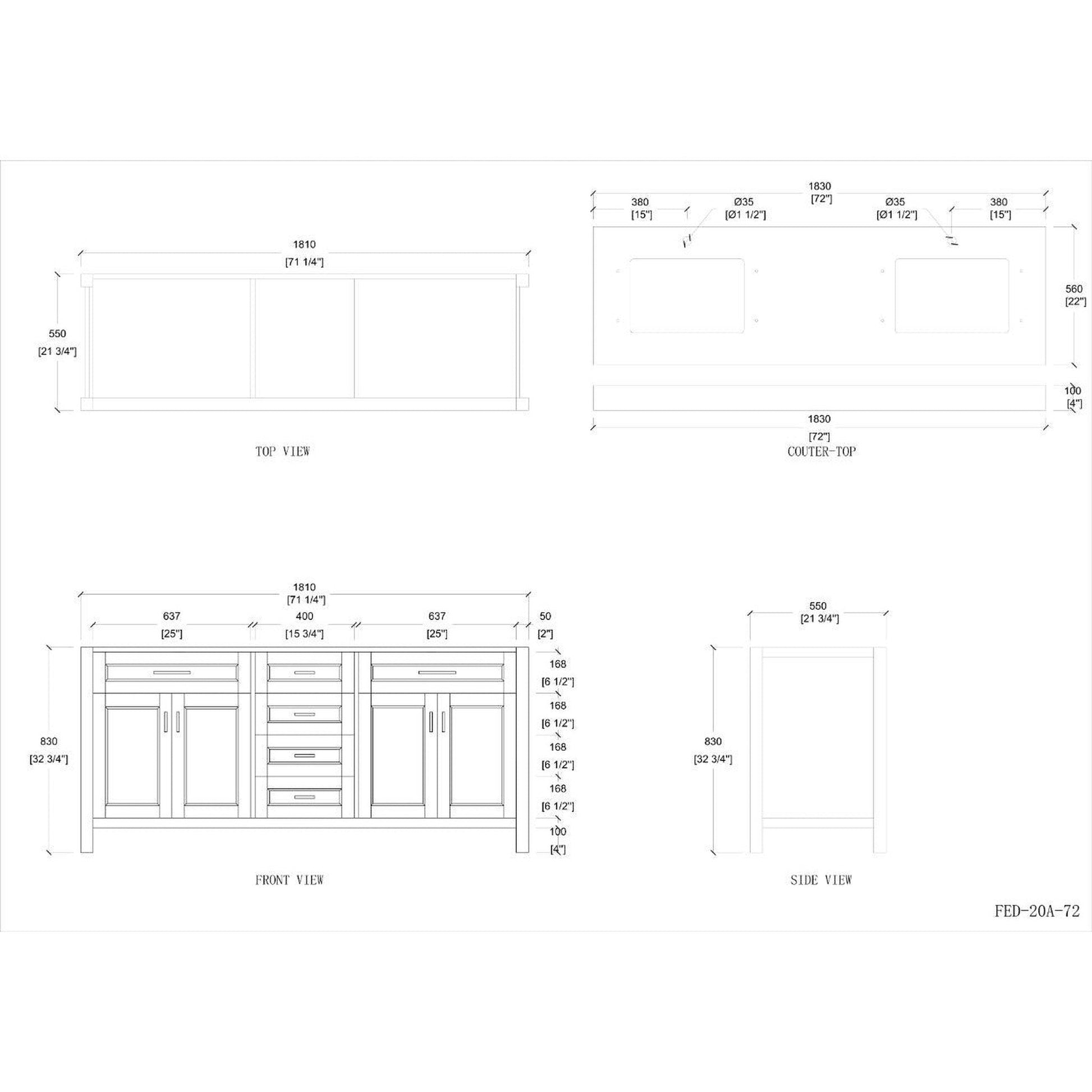 Duko Venice 72" Wooden Vanity Set With White Cararra Marble Tabletop, Rectangular Double Basin and Drawer Cabinet Blue