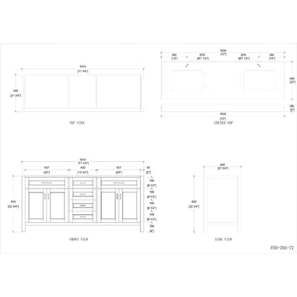 Duko Venice 72" Wooden Vanity Set With White Cararra Marble Tabletop, Rectangular Double Basin and Drawer Cabinet Blue