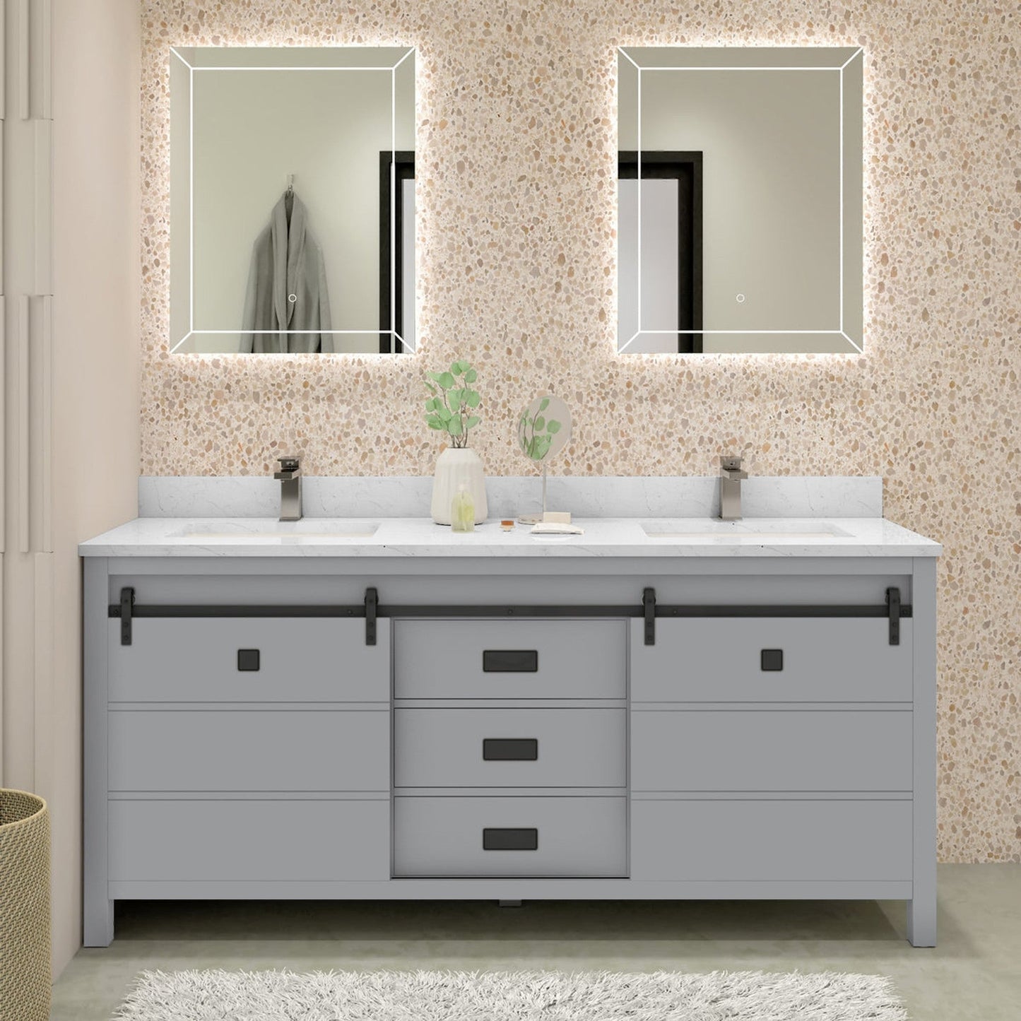 Duko Venice 72" Wooden Vanity Set With White Cararra Marble Tabletop, Rectangular Double Basin and Drawer Cabinet Gray