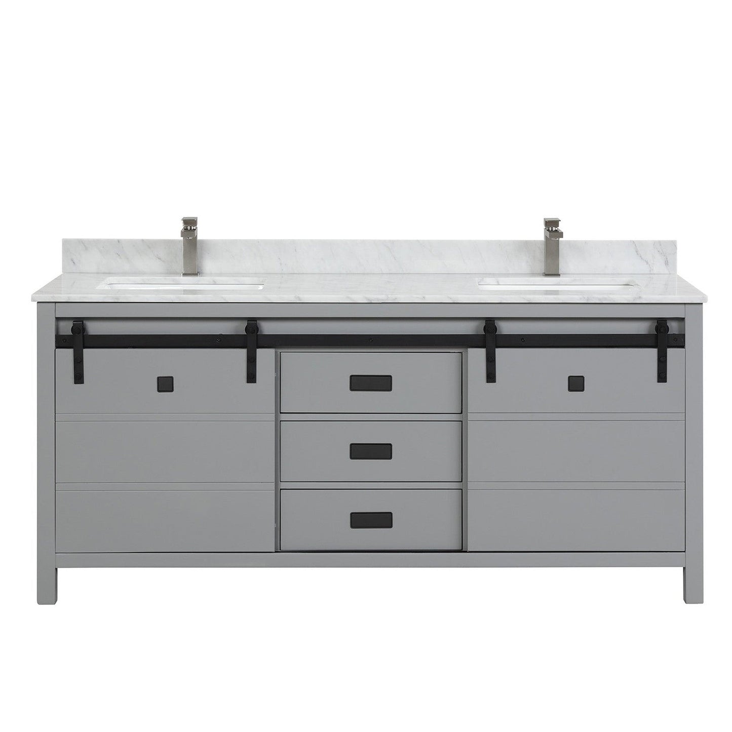 Duko Venice 72" Wooden Vanity Set With White Cararra Marble Tabletop, Rectangular Double Basin and Drawer Cabinet Gray