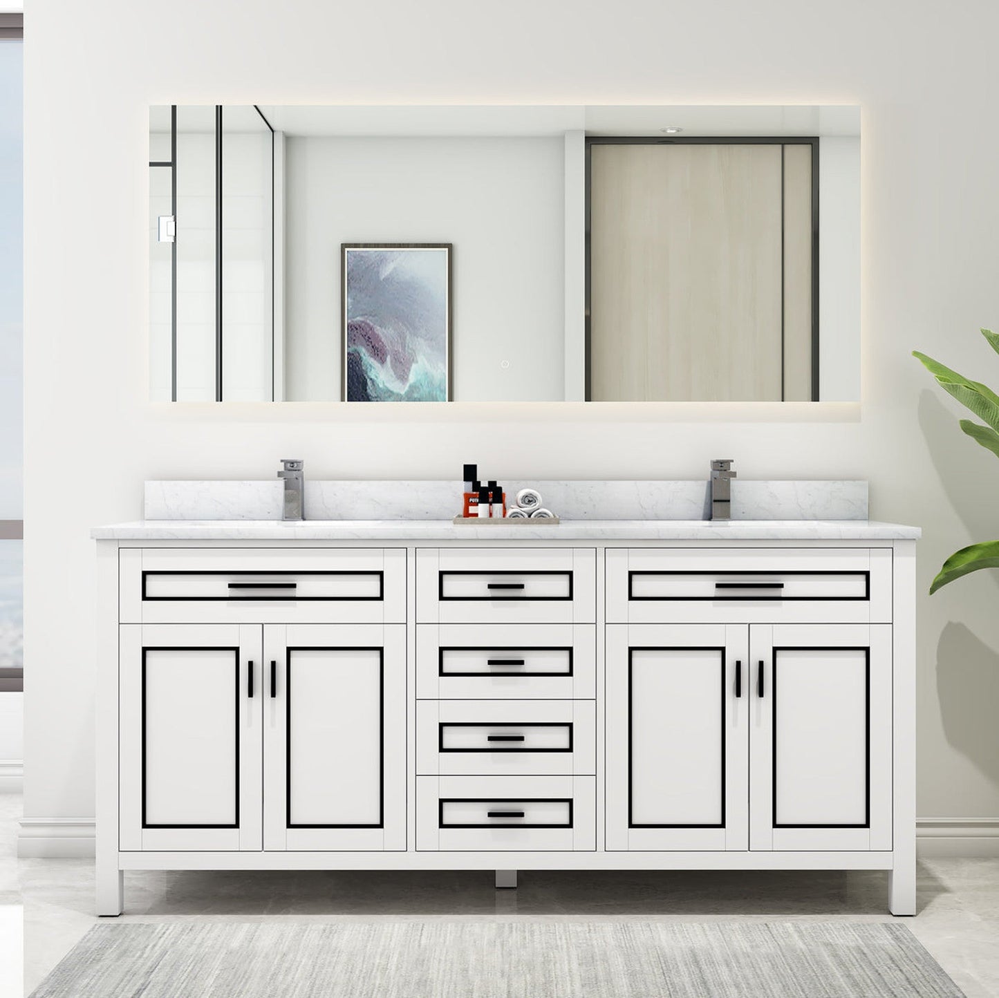 Duko Venice 72" With White Cararra Marble Tabletop, Rectangular Double Basin and Drawer Cabinet White Wooden Vanity Set