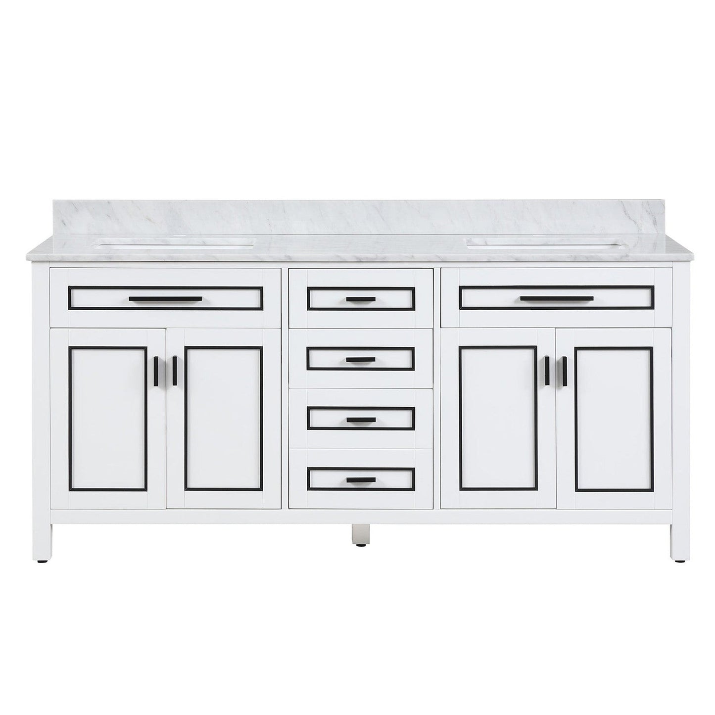 Duko Venice 72" With White Cararra Marble Tabletop, Rectangular Double Basin and Drawer Cabinet White Wooden Vanity Set