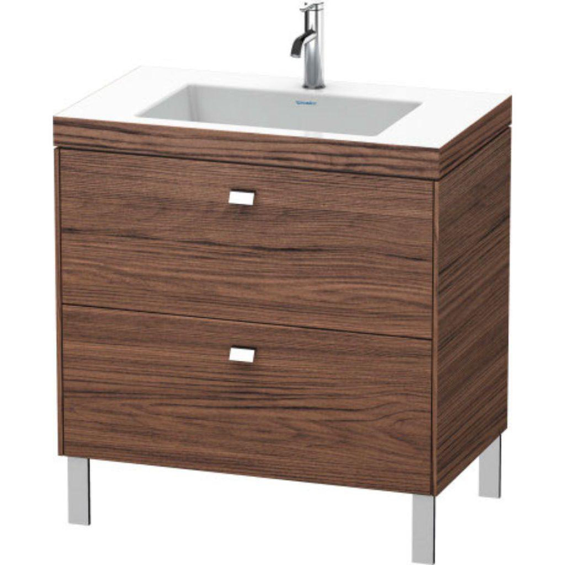 Duravit Brioso 31" x 28" x 19" Two Drawer C-Bonded Floor Standing Vanity Kit With One Tap Hole in Walnut Dark and Chrome Handle