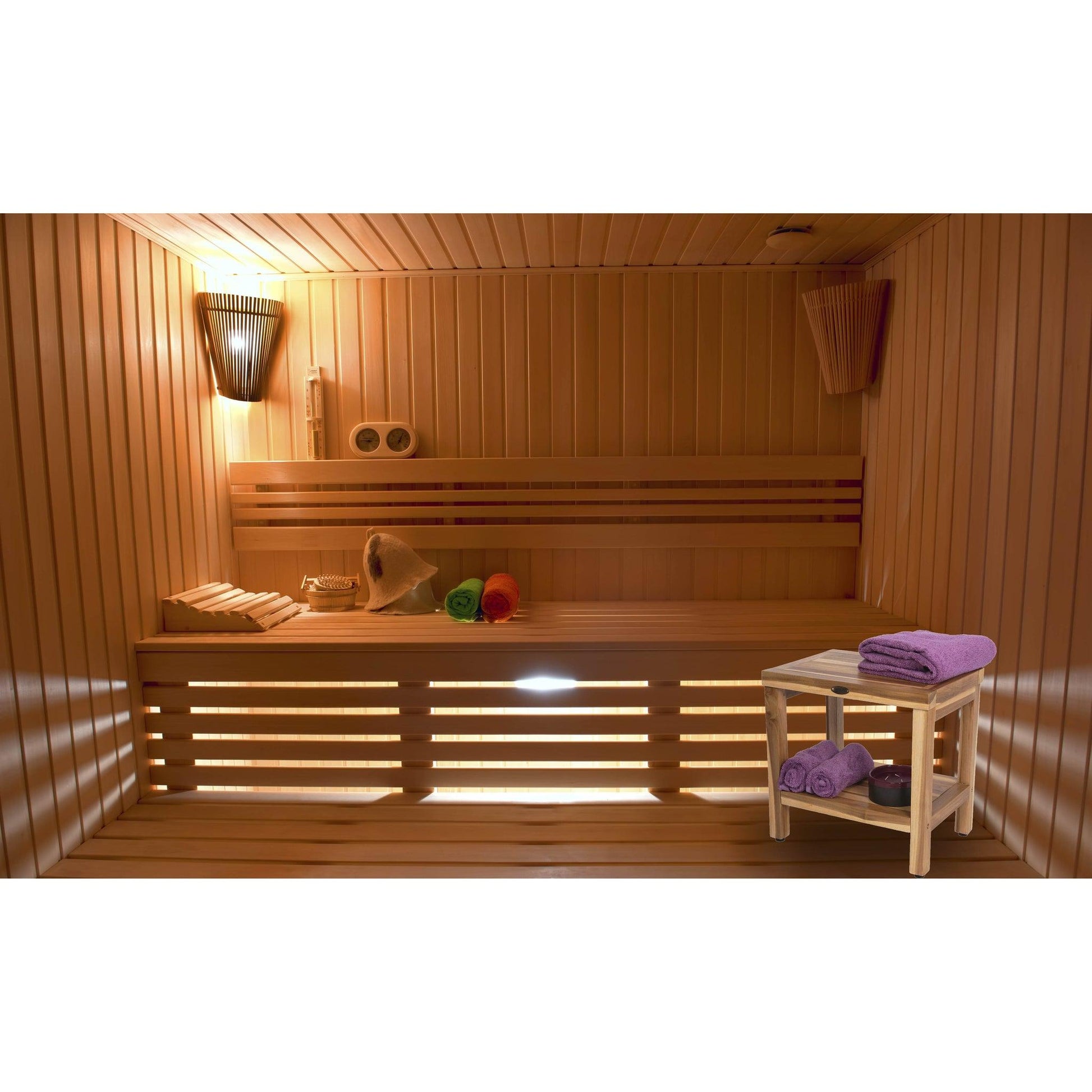 EcoDecors Eleganto 18" EarthyTeak Solid Teak Wood Shower Bench With Shelf