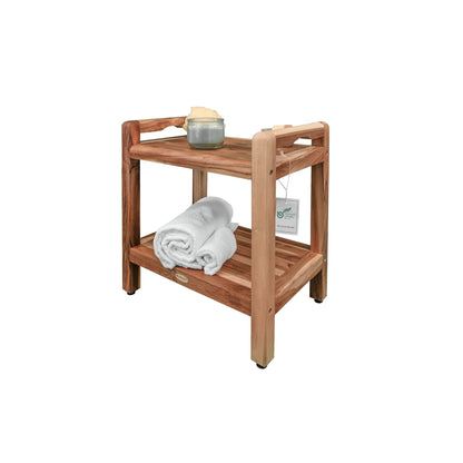 EcoDecors Eleganto 20" EarthyTeak Solid Teak Wood Shower Bench With LiftAide Arms and Shelf
