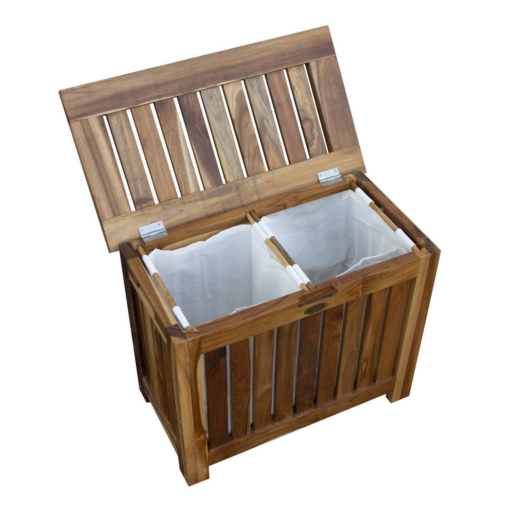 EcoDecors Eleganto 23" W x 19" H EarthyTeak Solid Teak Wood Double Laundry Storage Hamper With Removable Bags